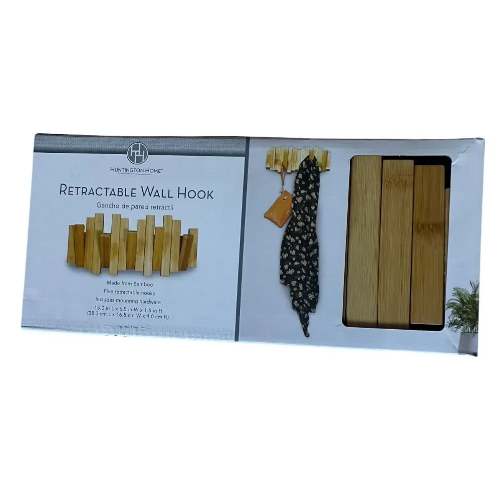 Retractable Bamboo Wall Hook Rack Space Saving Wooden Coat Hat Organizer 5 Hooks